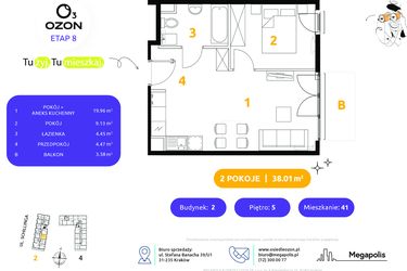 Rzut - Mieszkanie na sprzedaż 2 pokoje o powierzchni 38,01 m² - numer 2.41 w Osiedle Ozon etap VIII