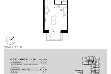 Rzut - Mieszkanie na sprzedaż 1 pokój o powierzchni 31,36 m² - numer M1.1.08 w Modern Helenów