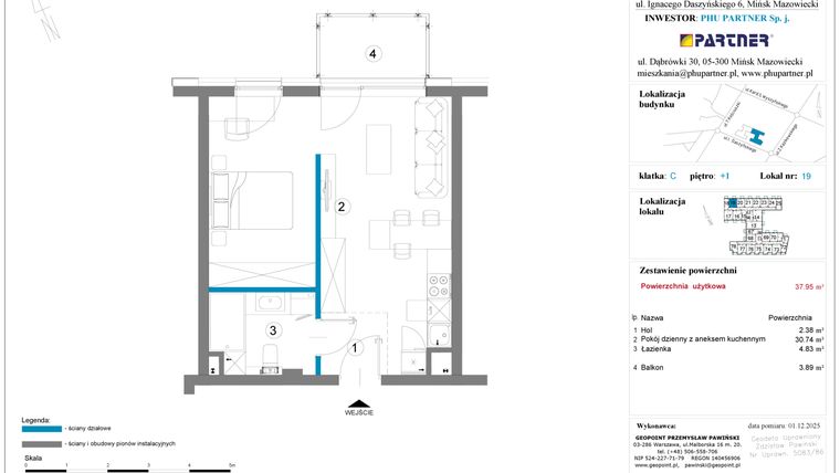Rzut - Mieszkanie na sprzedaż 1 pokój o powierzchni 37,95 m² - numer 19 w Daszyńskiego Square etap 2