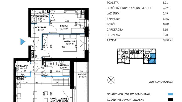 Rzut - Mieszkanie na sprzedaż 3 pokoje o powierzchni 68,52 m² - numer 25 w Comfort Corner