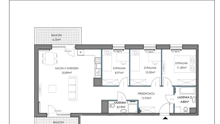 Rzut - Mieszkanie na sprzedaż 4 pokoje o powierzchni 87,35 m² - numer 1E.6B w Osiedle Horizon