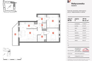Rzut - Mieszkanie na sprzedaż 3 pokoje o powierzchni 69,12 m² - numer M-136 w Nałęczowska etap II
