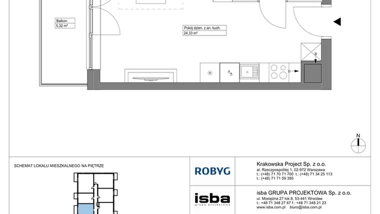 Rzut - Mieszkanie na sprzedaż 1 pokój o powierzchni 29,12 m² - numer KR8/C/1/4 w Apartamenty Krakowska etap VIII