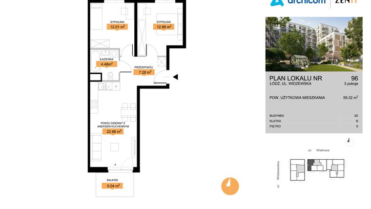 Rzut - Mieszkanie na sprzedaż 3 pokoje o powierzchni 59,32 m² - numer 3D.96 w Zenit III