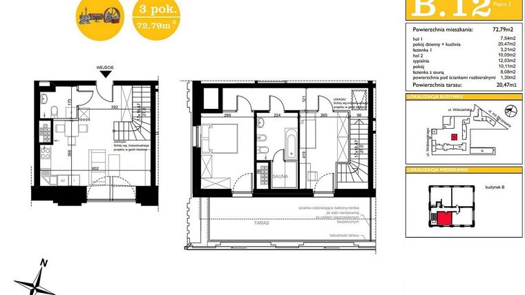Rzut - Mieszkanie na sprzedaż 3 pokoje o powierzchni 72,79 m² - numer B.12 w ART MODERN etap III - Modern Loft