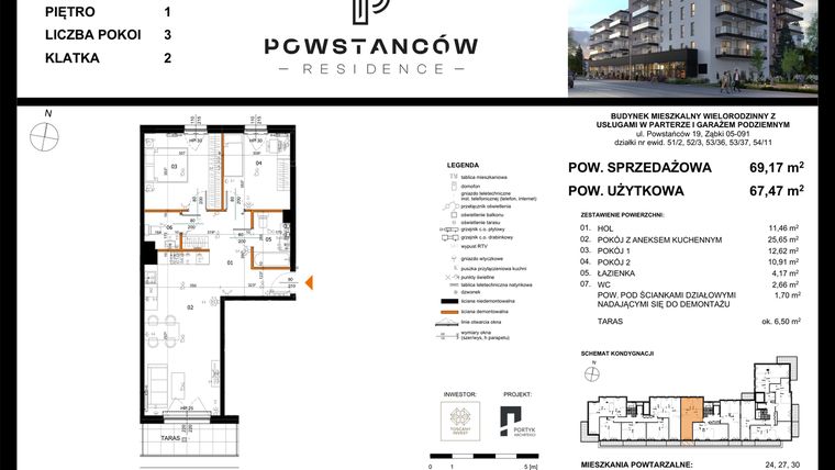 Rzut - Mieszkanie na sprzedaż 3 pokoje o powierzchni 69,17 m² - numer 21 w Powstańców Residence