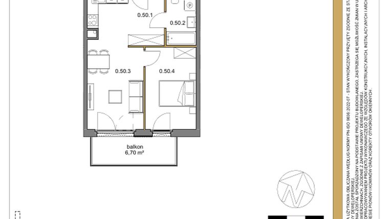Rzut - Mieszkanie na sprzedaż 2 pokoje o powierzchni 42,08 m² - numer 50 w Osiedle Sfera etap II