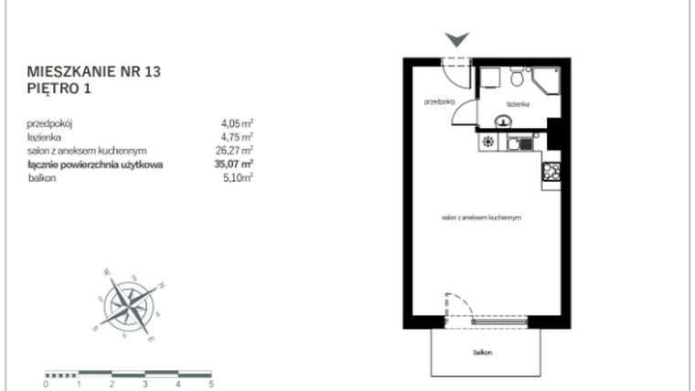 Rzut - Mieszkanie na sprzedaż 1 pokój o powierzchni 35,07 m² - numer 13 w Green Park