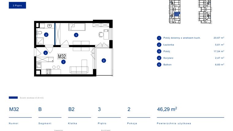 Rzut - Mieszkanie na sprzedaż 2 pokoje o powierzchni 46,29 m² - numer 32B w Przy Bursztynowej