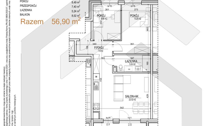 Rzut - Mieszkanie na sprzedaż 3 pokoje o powierzchni 56,9 m² - numer S.02.32 w Sobieskiego 29