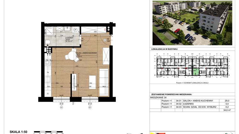 Rzut - Mieszkanie na sprzedaż 1 pokój o powierzchni 34,91 m² - numer 34 w Osiedle Park Chopina II Etap