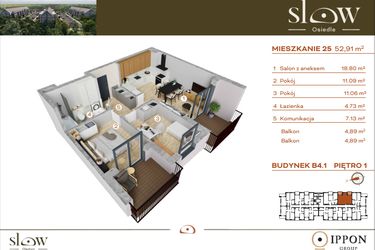 Rzut - Mieszkanie na sprzedaż 3 pokoje o powierzchni 52,91 m² - numer M25 w Osiedle SLOW