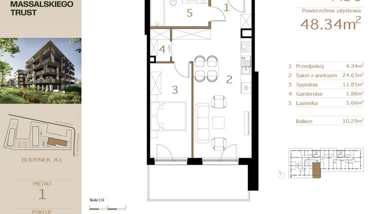 Rzut - Mieszkanie na sprzedaż 2 pokoje o powierzchni 48,34 m² - numer M36 w Massalskiego Trust
