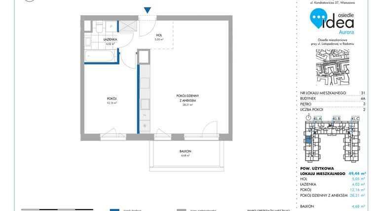 Rzut - Mieszkanie na sprzedaż 2 pokoje o powierzchni 49,62 m² - numer 4A/31 w Osiedle Idea Aurora