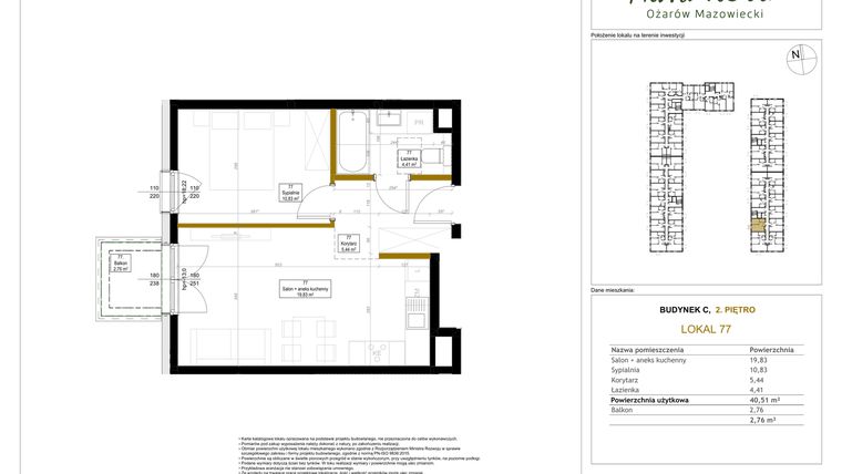Rzut - Mieszkanie na sprzedaż 2 pokoje o powierzchni 40,51 m² - numer 77 w Aura Nova etap II