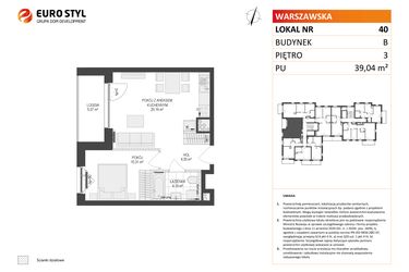Rzut - Mieszkanie na sprzedaż 2 pokoje o powierzchni 39,04 m² - numer B.40 w Osiedle Warszawska etap III
