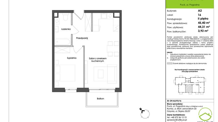 Rzut - Mieszkanie na sprzedaż 2 pokoje o powierzchni 44,31 m² - numer OP/A2/P2/16 w Osiedle Pogodne etap I
