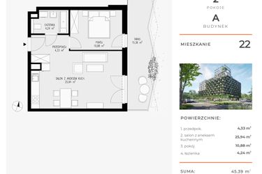 Rzut - Mieszkanie na sprzedaż 2 pokoje o powierzchni 45,39 m² - numer 22 w Semiramis