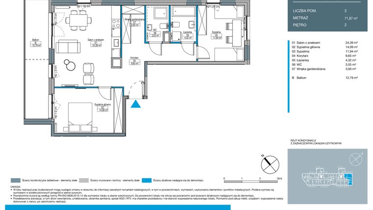 Rzut - Mieszkanie na sprzedaż 3 pokoje o powierzchni 71,87 m² - numer EA0202 w Talarowa Park II