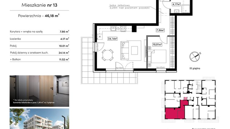 Rzut - Mieszkanie na sprzedaż 2 pokoje o powierzchni 46,18 m² - numer B17.M13 w Novum Rumia - bud. 17