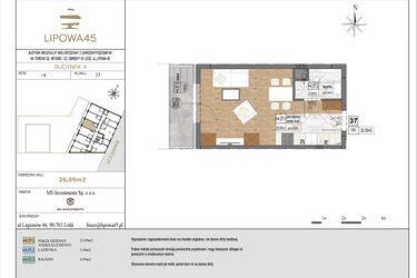 Rzut - Mieszkanie na sprzedaż 1 pokój o powierzchni 26,09 m² - numer A37 w Lipowa 45