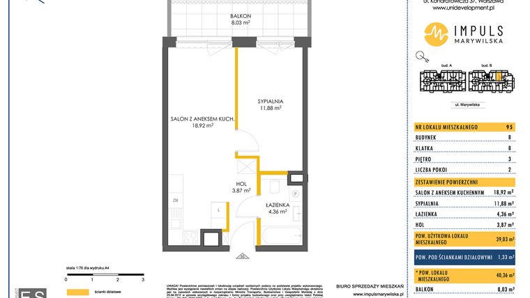 Rzut - Mieszkanie na sprzedaż 2 pokoje o powierzchni 39,03 m² - numer B/95 w Impuls Marywilska