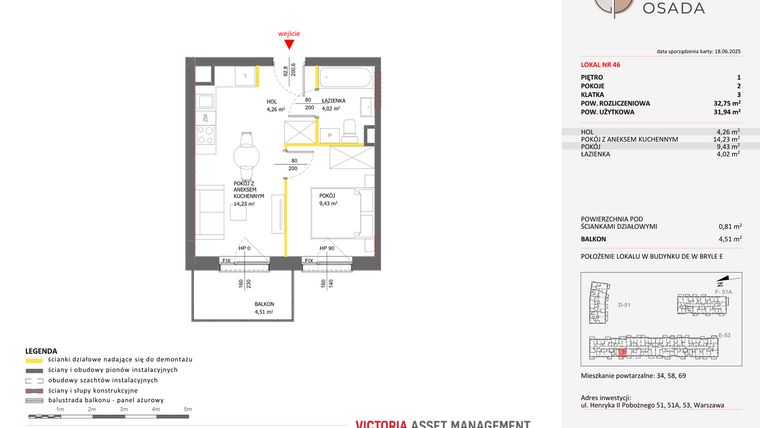 Rzut - Mieszkanie na sprzedaż 2 pokoje o powierzchni 32,75 m² - numer E.46 w Piastova Osada