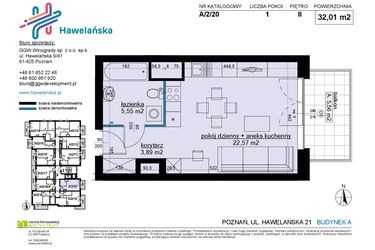 Rzut - Mieszkanie na sprzedaż 1 pokój o powierzchni 32,01 m² - numer A/2/20 w Osiedle Hawelańska etap III - bud. A