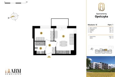 Rzut - Mieszkanie na sprzedaż 2 pokoje o powierzchni 32,3 m² - numer M10 w Apartamenty Opolczyka