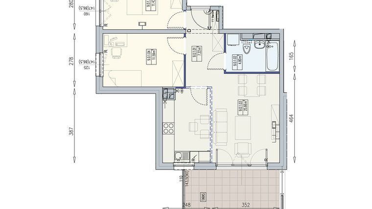 Rzut - Mieszkanie na sprzedaż 3 pokoje o powierzchni 60,69 m² - numer K2 9/0/1/3k w Południk 17 - budynek K2