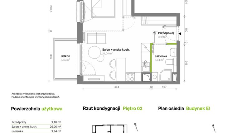 Rzut - Mieszkanie na sprzedaż 1 pokój o powierzchni 33,1 m² - numer E1.02.20 w Południe Vita