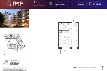 Rzut - Mieszkanie na sprzedaż 1 pokój o powierzchni 35,87 m² - numer A.1.02 w Piano