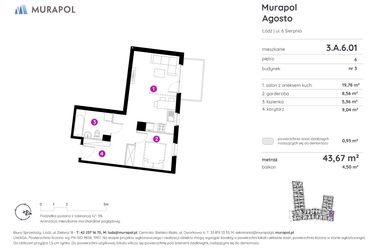 Rzut - Mieszkanie na sprzedaż 1 pokój o powierzchni 43,61 m² - numer 3.A.6.01 w Murapol Agosto