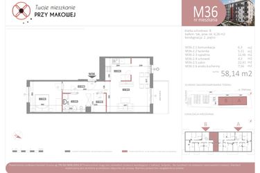 Rzut - Mieszkanie na sprzedaż 2 pokoje o powierzchni 58,14 m² - numer 36 w Przy Makowej