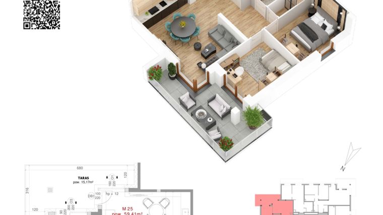 Rzut - Mieszkanie na sprzedaż 3 pokoje o powierzchni 59,41 m² - numer 25 w Villa Park - Etap IV