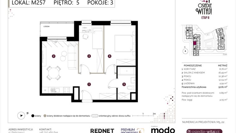 Rzut - Mieszkanie na sprzedaż 3 pokoje o powierzchni 53,5 m² - numer M257 w Osiedle Witaj etap II
