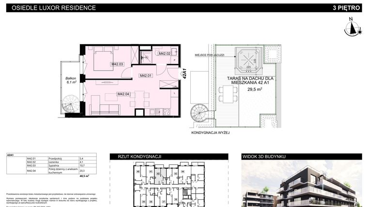 Rzut - Mieszkanie na sprzedaż 2 pokoje o powierzchni 40,5 m² - numer A1.42 w Luxor Residence