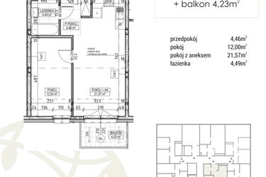 Rzut - Mieszkanie na sprzedaż 2 pokoje o powierzchni 42,52 m² - numer A1.02.21 w Zakątek Flora