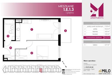 Rzut - Mieszkanie na sprzedaż 2 pokoje o powierzchni 41,27 m² - numer 1.E.1.3 w 2M Apartments etap IV