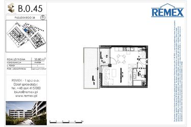 Rzut - Mieszkanie na sprzedaż 1 pokój o powierzchni 35,8 m² - numer B.0.45 w Osiedle BALTICA
