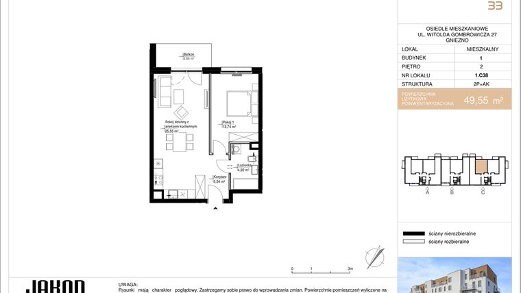Rzut - Mieszkanie na sprzedaż 2 pokoje o powierzchni 49,55 m² - numer 1.C38 w Gombrowicza 33