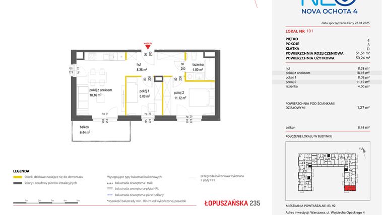 Rzut - Mieszkanie na sprzedaż 3 pokoje o powierzchni 51,51 m² - numer 101 w Neo Nova Ochota 4