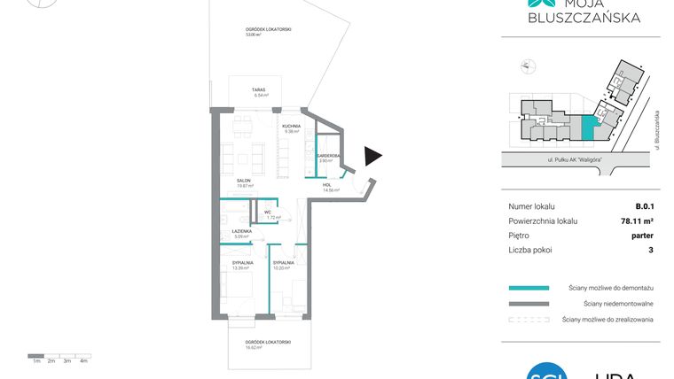 Rzut - Mieszkanie na sprzedaż 3 pokoje o powierzchni 78,11 m² - numer B.0.1 w Moja Bluszczańska