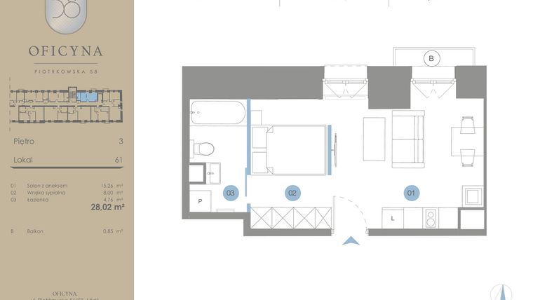 Rzut - Mieszkanie na sprzedaż 1 pokój o powierzchni 28,02 m² - numer 61 w Oficyna - mieszkania