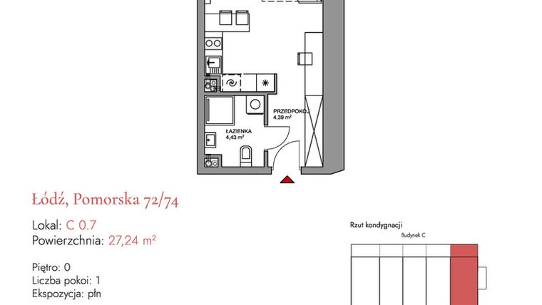 Rzut - Mieszkanie na sprzedaż 1 pokój o powierzchni 28,86 m² - numer C 0.7 w Melody Loft