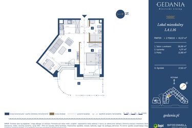 Rzut - Mieszkanie na sprzedaż 2 pokoje o powierzchni 45,57 m² - numer I.A.1.16 w GEDANIA Riverside Living