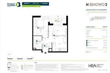 Rzut - Mieszkanie na sprzedaż 2 pokoje o powierzchni 38,12 m² - numer AA0102 w M Bemowo 3