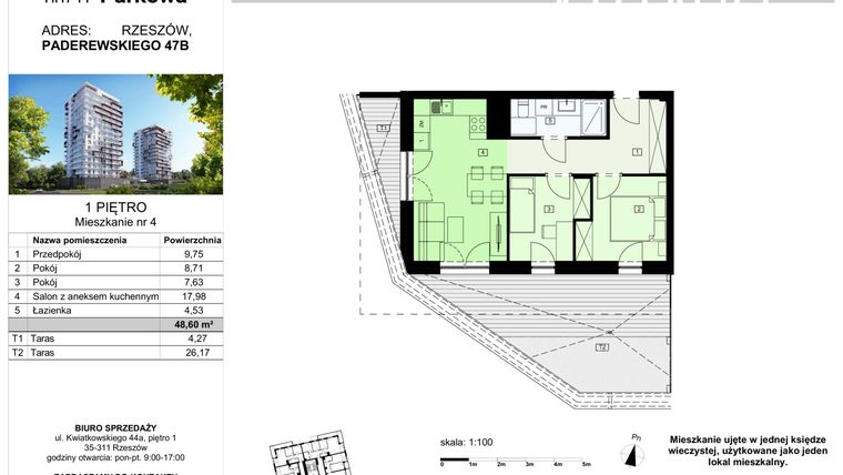 Rzut - Mieszkanie na sprzedaż 3 pokoje o powierzchni 48,6 m² - numer 4/B7 w Dzielnica Parkowa VII