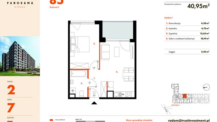 Rzut - Mieszkanie na sprzedaż 2 pokoje o powierzchni 40,95 m² - numer E85 w Panorama Struga