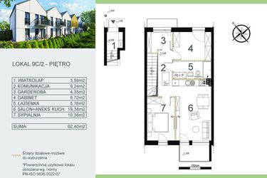 Rzut - Mieszkanie na sprzedaż 3 pokoje o powierzchni 62,4 m² - numer 9C/2 w Zamiejska 9